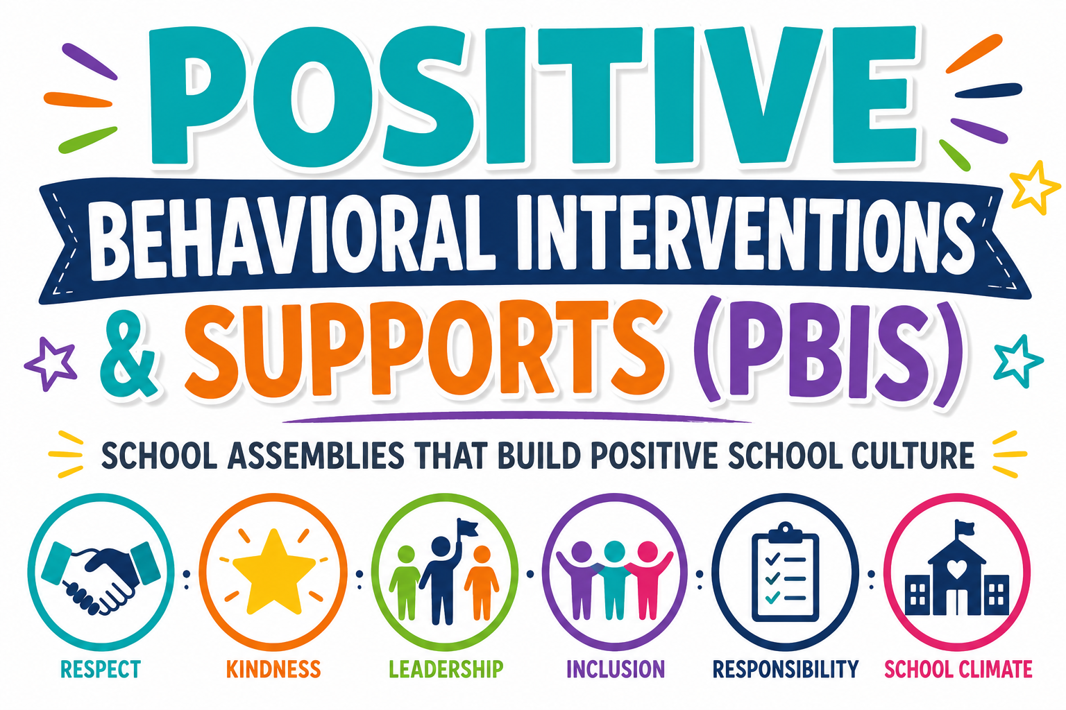 Positive Behavioral Interventions and Supports (PBIS) school assembly graphic promoting positive school culture and student behavior.
